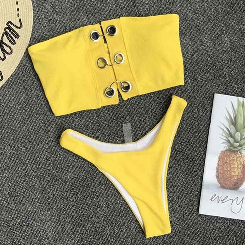 Load image into Gallery viewer, Sexy Hooked Bandeau Ribbed Bikini-women fitness-wanahavit-Yellow-L-wanahavit
