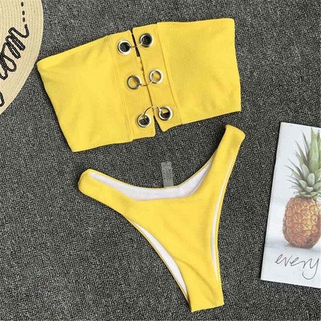Sexy Hooked Bandeau Ribbed Bikini-women fitness-wanahavit-Yellow-L-wanahavit