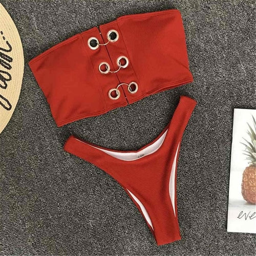 Load image into Gallery viewer, Sexy Hooked Bandeau Ribbed Bikini-women fitness-wanahavit-Red-Brown-L-wanahavit
