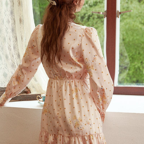 Load image into Gallery viewer, Elegant Round Neck Polka Dot Solid Lantern Apricot Loose Holiday Autumn Long Party Dress
