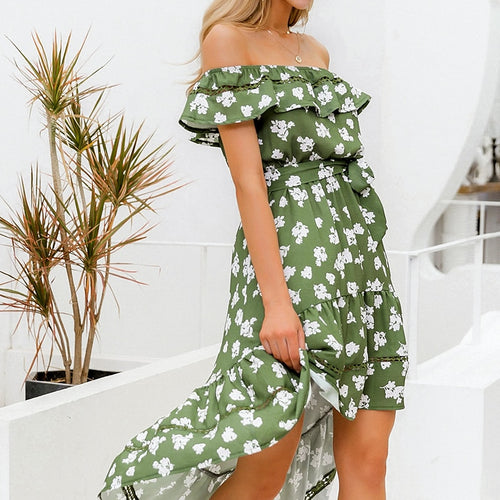 Load image into Gallery viewer, Off Shoulder Holiday Beach Sash Floral Print Spring Summer High Waist Dress
