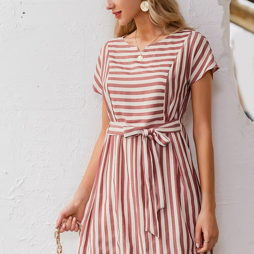 Load image into Gallery viewer, Striped Casual Buttons Strap Short Sleeve Summer Ladies O-neck A-line Holiday Dress
