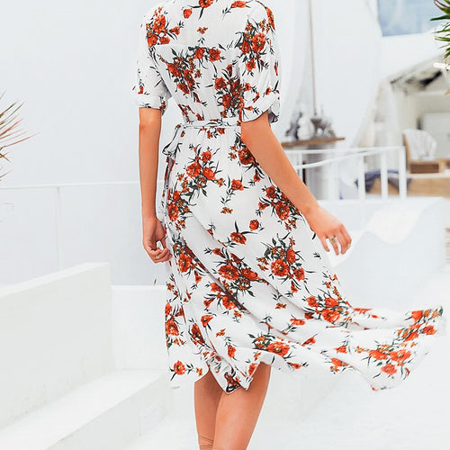 Load image into Gallery viewer, Floral Print Sash Bow Tie Midi V-neck High Waist Beach Holiday Spring Summer Dress
