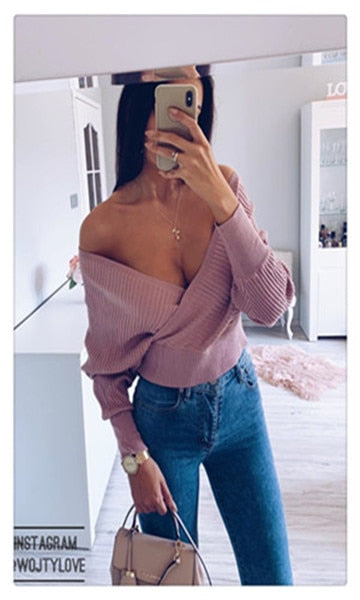 Sexy V-neck Knitted Skirt Batwing Sleeve 2 Pieces Elegant Party Sweater Pink Dress