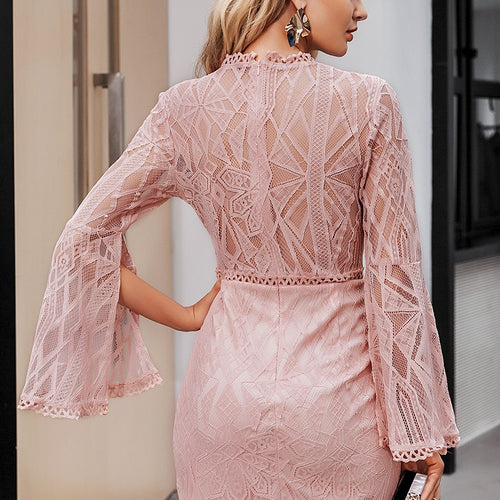 Load image into Gallery viewer, Sexy Transparent Lace High Waist Long Sleeve Sheath Midi Elegant Office Lady Slim Floral Short Party Dress
