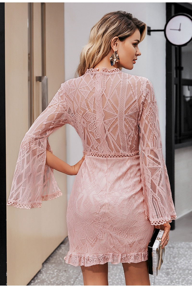 Sexy Transparent Lace High Waist Long Sleeve Sheath Midi Elegant Office Lady Slim Floral Short Party Dress