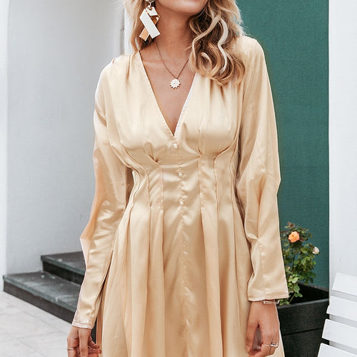 Load image into Gallery viewer, Sexy V-neck Satin Long Sleeve Pleated Autumn Winter Female Mini Dress
