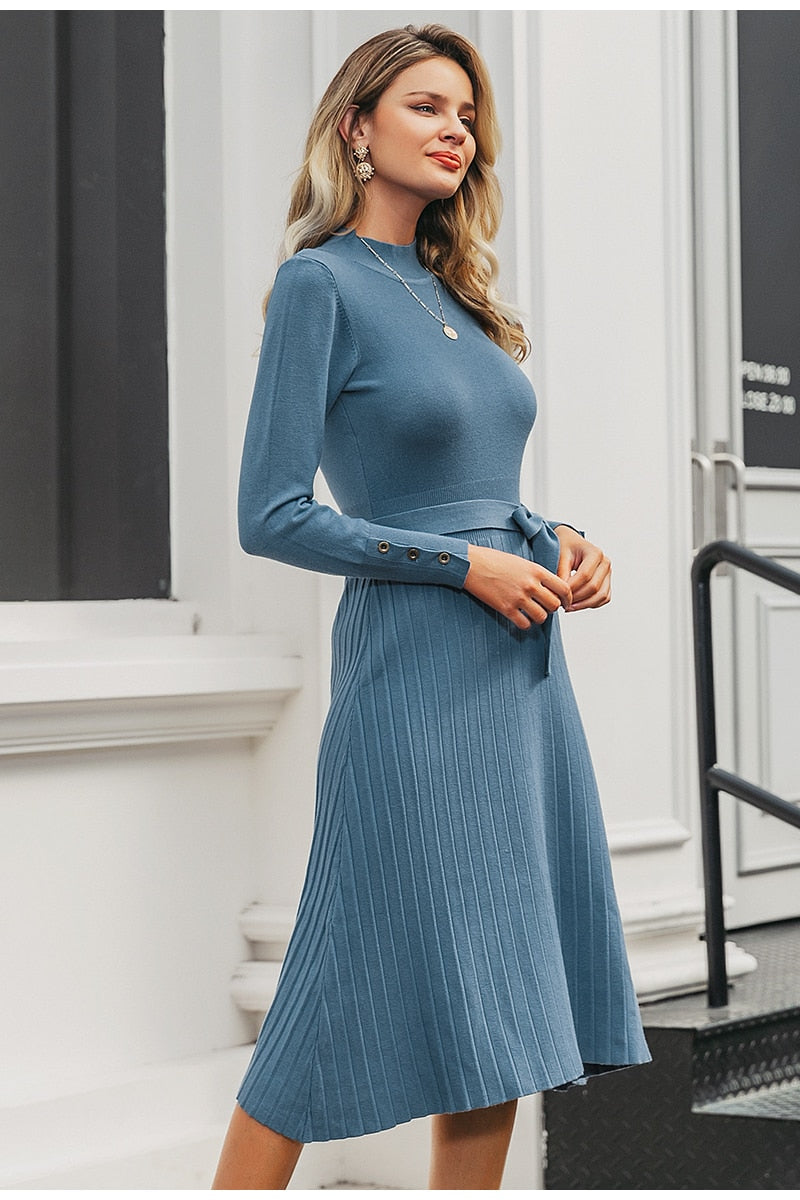 Elegant Knitted Streetwear Buttons Belt Bodycon Long Sleeve Office Turtleneck Maxi Sweater Dress