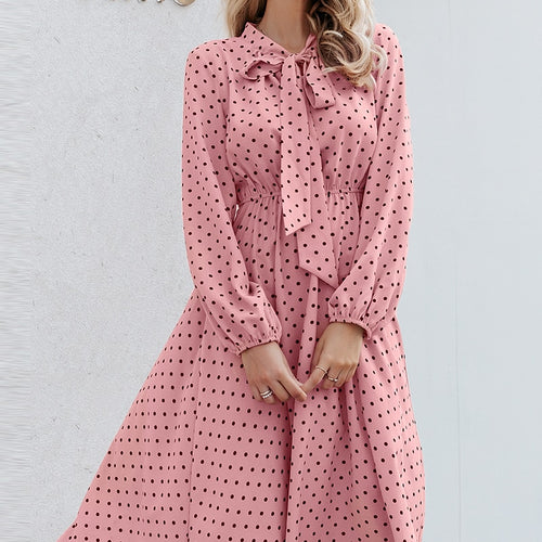 Load image into Gallery viewer, Elegant V-neck Polka Dot Sexy V-neck Lantern Pink Loose Long Party Dress
