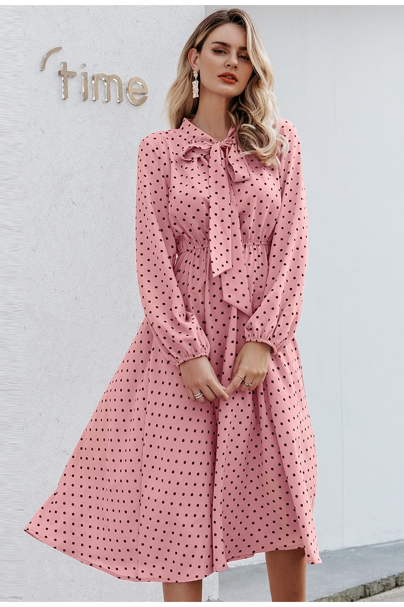 Elegant V-neck Polka Dot Sexy V-neck Lantern Pink Loose Long Party Dress