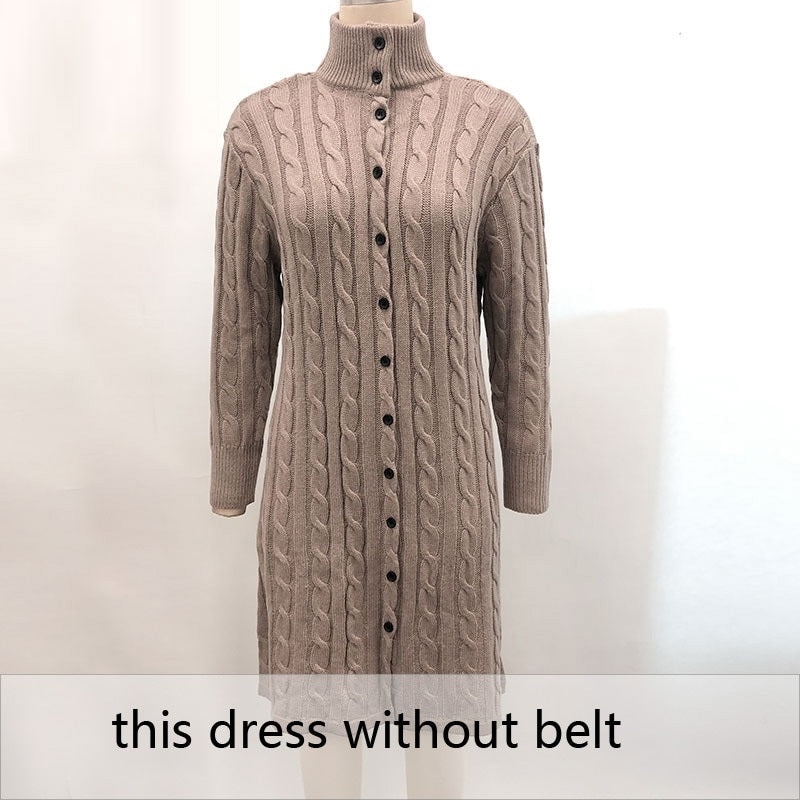 Casual Stand Collar Knitted Autumn Winter Long Sleeve Button High Street Style Sweater Dress