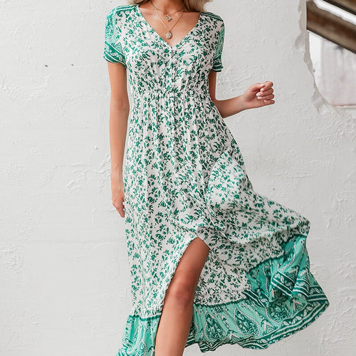 Load image into Gallery viewer, Bohemian V-neck Floral A-line Buttons Short Sleeve Maxi Sundress Summer Beach Style Long Dress
