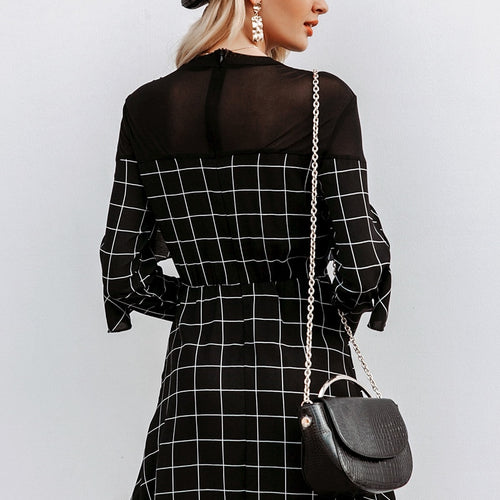 Load image into Gallery viewer, Elegant Office Lady Plaid Ruffled Long Sleeve Mini Straight O-neck Short Party Dress
