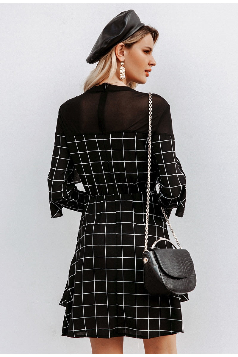 Elegant Office Lady Plaid Ruffled Long Sleeve Mini Straight O-neck Short Party Dress