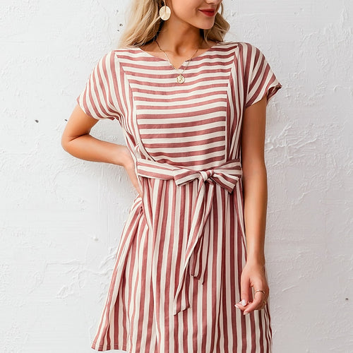 Load image into Gallery viewer, Striped Casual Buttons Strap Short Sleeve Summer O-neck A-line Holiday Dress
