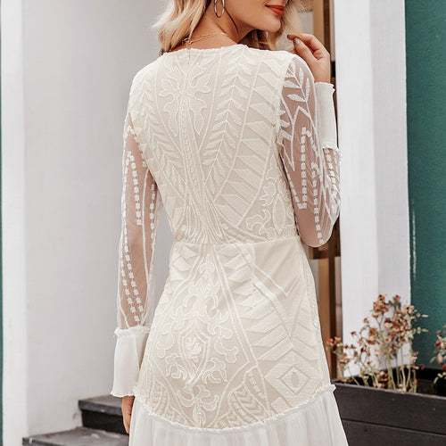 Load image into Gallery viewer, Sexy High Waist White Elegant Hollow Out Geometric Lace Ruffled Sleeve Office Party Dress
