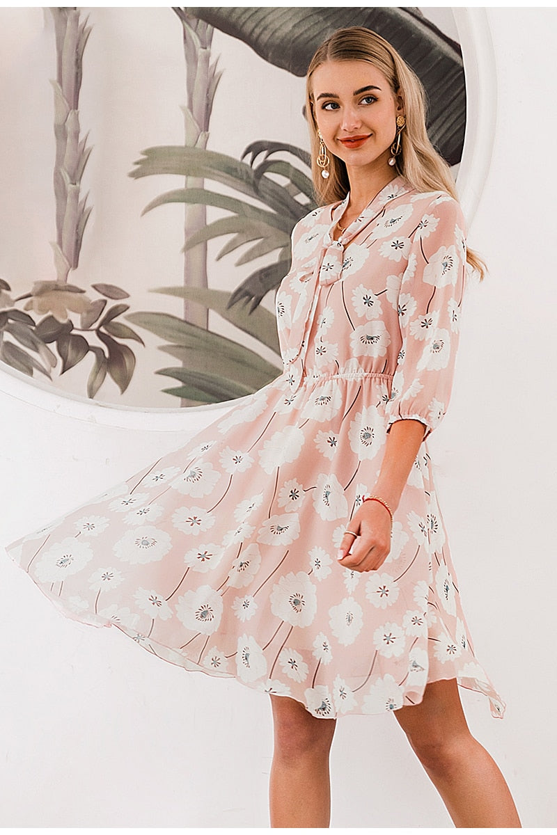 Elegant Floral Summer High Waist Print Work Office Half Sleeve Lady Vintage Spring Chic Party Dress