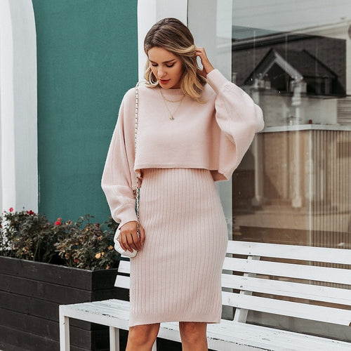 Load image into Gallery viewer, Elegant Two Pieces Knitted Solid Bodycon Sweater Winter Pullover Work Dress
