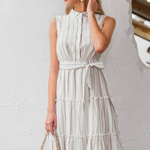 Load image into Gallery viewer, Striped Summer Sexy Sleeveless Sash Single Breasted Beach Casual Belt Ruffled Loose Maxi Dress
