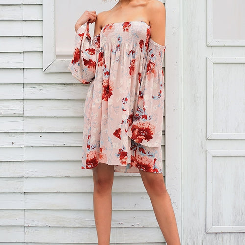 Load image into Gallery viewer, Strapless Floral Print Summer Off Shoulder Short Flare Sleeve Casual Boho Chic Beach Dress
