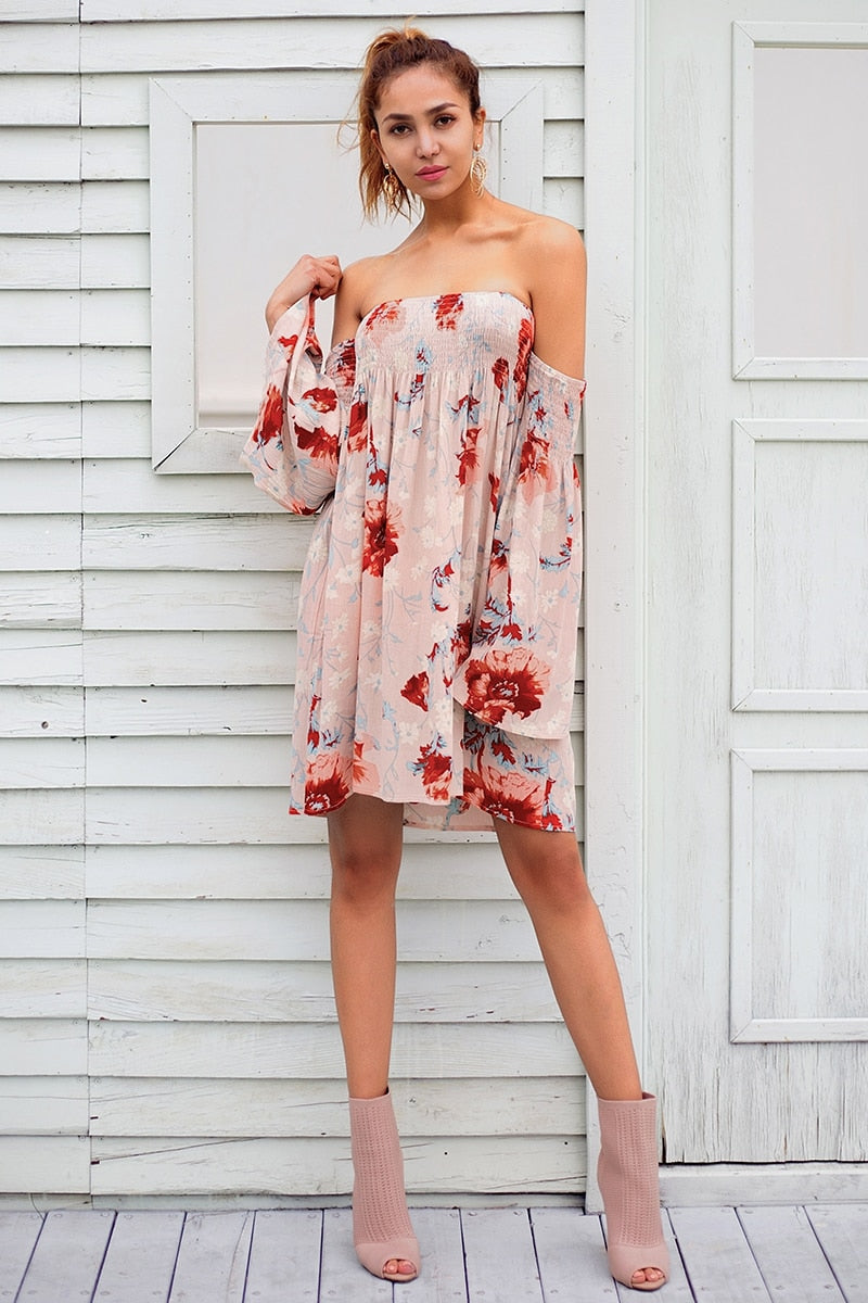 Strapless Floral Print Summer Off Shoulder Short Flare Sleeve Casual Boho Chic Beach Dress