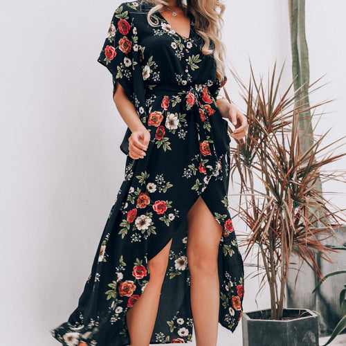 Load image into Gallery viewer, Boho Floral Print Summer Asymmetrical Sleeve Sashes Split Chiffon Casual Beach Dress
