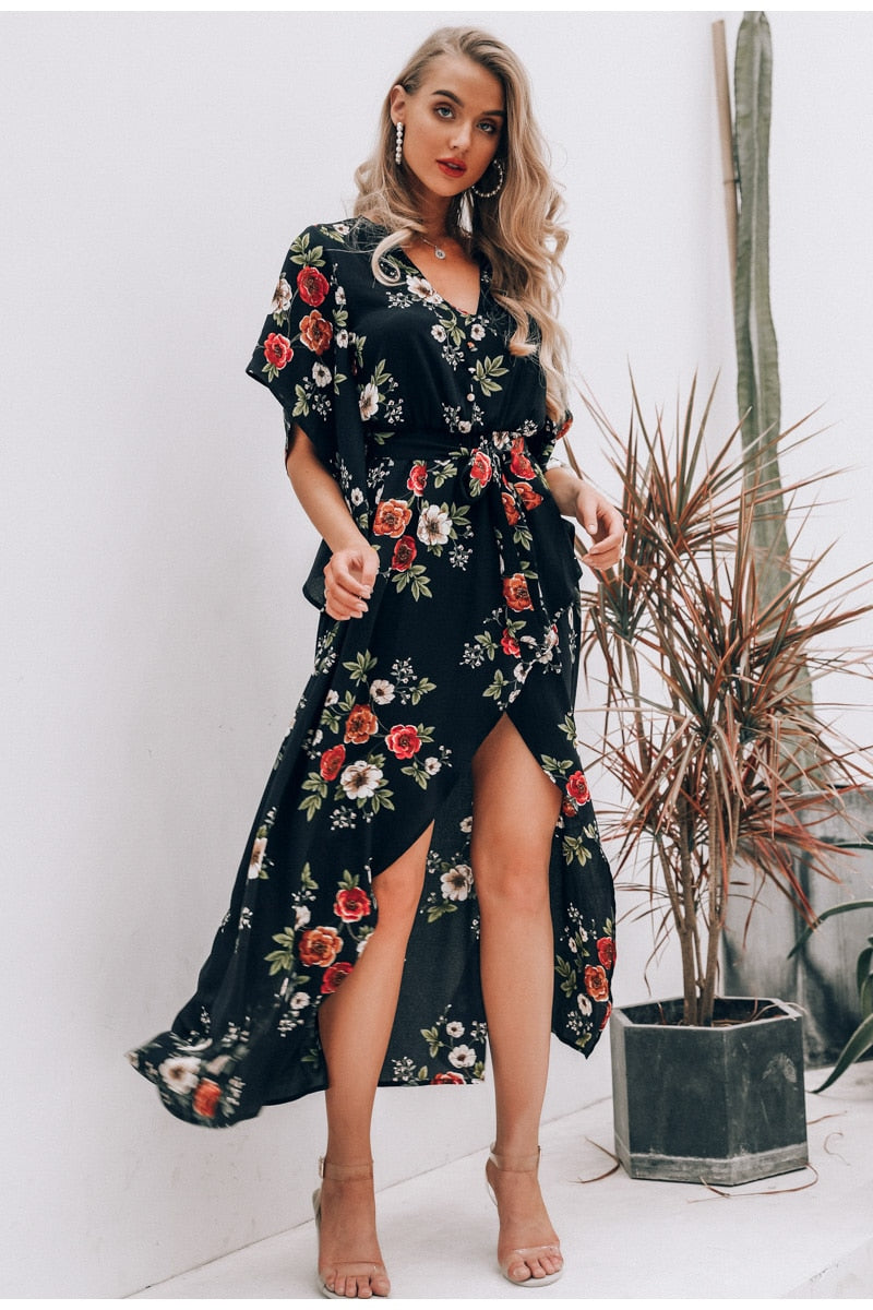 Boho Floral Print Summer Asymmetrical Sleeve Sashes Split Chiffon Casual Beach Dress