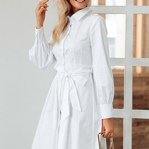 Load image into Gallery viewer, Pleated High Waist Vintage Office Lady White Long Sleeve Cotton Winter Dress
