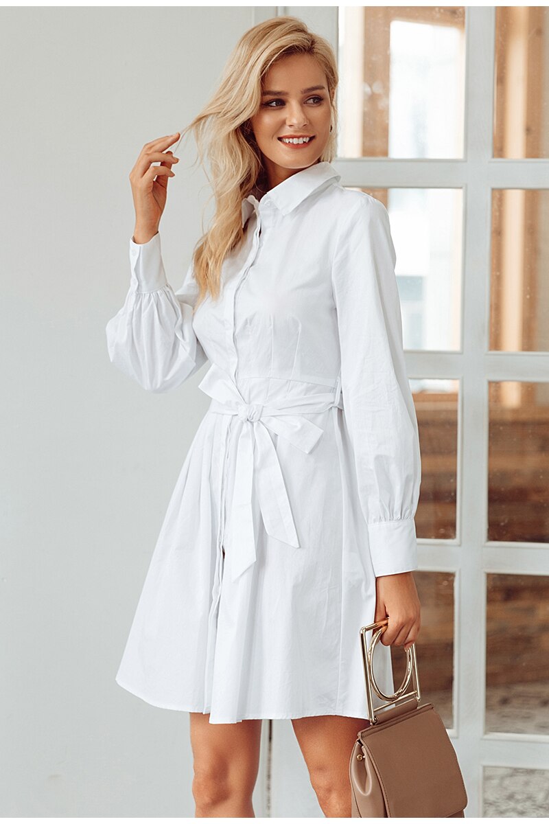 Pleated High Waist Vintage Office Lady White Long Sleeve Cotton Winter Dress