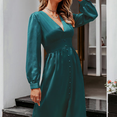 Load image into Gallery viewer, Sexy Deep V-neck Satin Midi Vintage Long Sleeve Buttons High Waist Party Elegant Silk Dress
