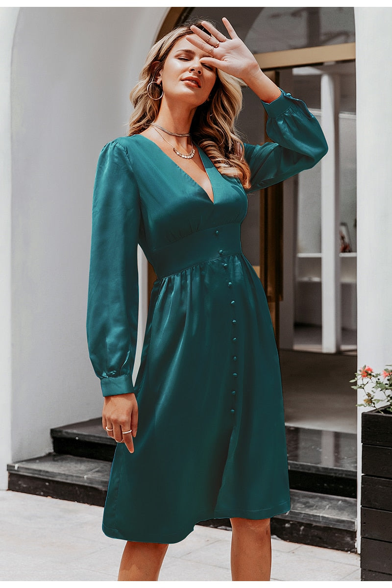 Sexy Deep V-neck Satin Midi Vintage Long Sleeve Buttons High Waist Party Elegant Silk Dress