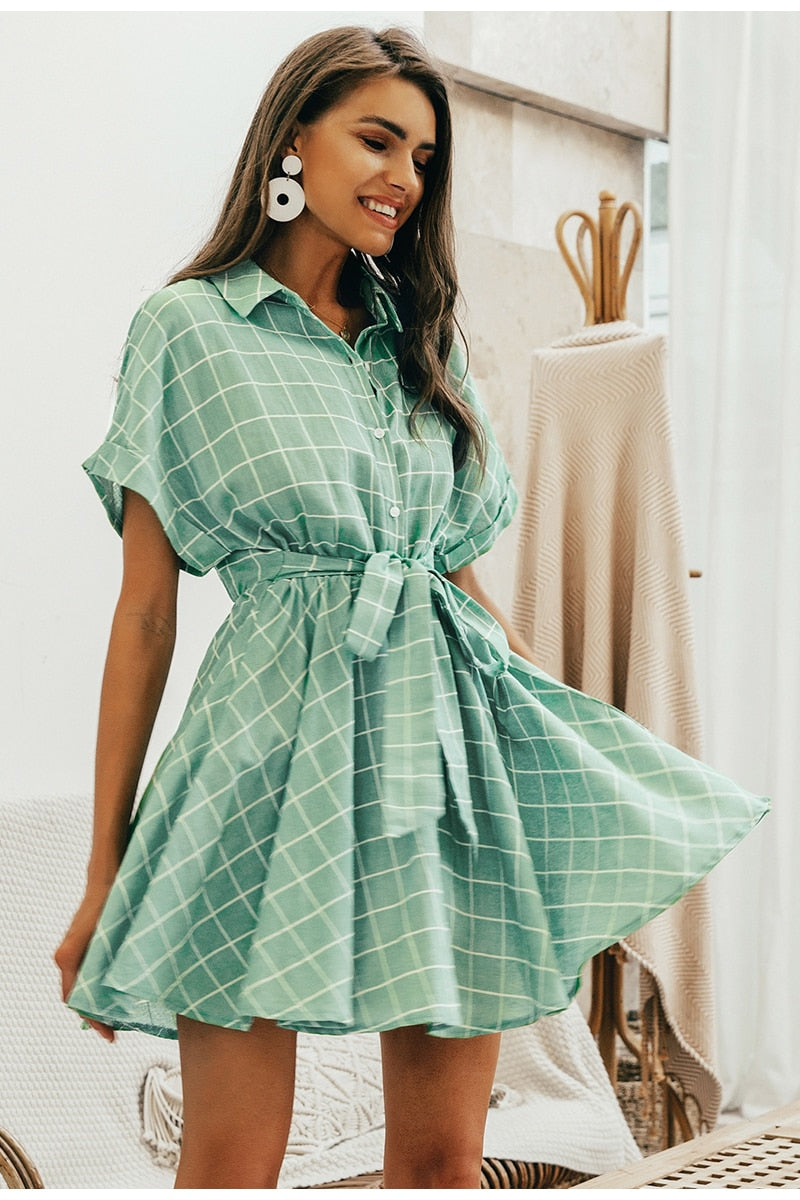 Elegant Plaid Sashes Short Sleeve A-line Casual Streetwear Button Summer Short Dress