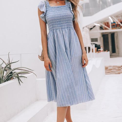 Load image into Gallery viewer, Vintage Striped Long Ruffle Linen Blue Elegant Summer Casual Cotton Fashion Female Dress
