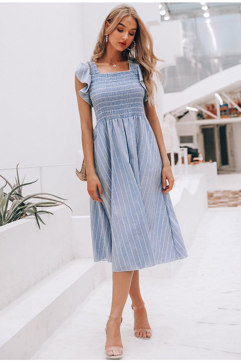 Vintage Striped Long Ruffle Linen Blue Elegant Summer Casual Cotton Fashion Female Dress