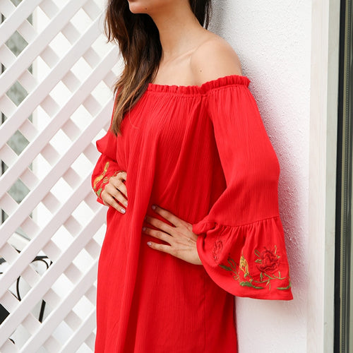 Load image into Gallery viewer, Off Shoulder Flare Sleeve Embroidery Sexy Ruffle Red Short Belt Bow Loose Beach Summer Dress
