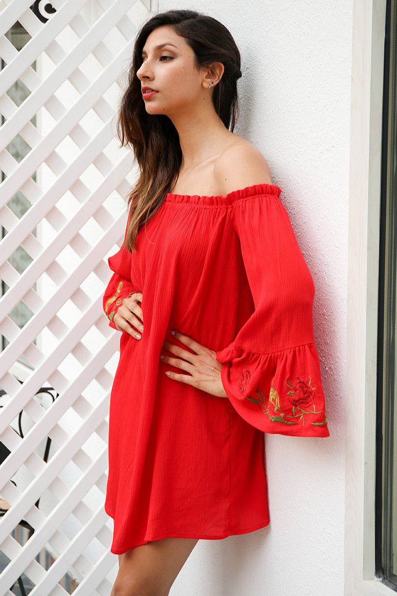 Off Shoulder Flare Sleeve Embroidery Sexy Ruffle Red Short Belt Bow Loose Beach Summer Dress