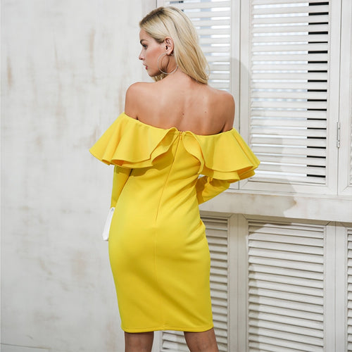 Load image into Gallery viewer, Elegant Backless Sexy Winter Ruffle Autumn Yellow Cold Shoulder Christmas Dress
