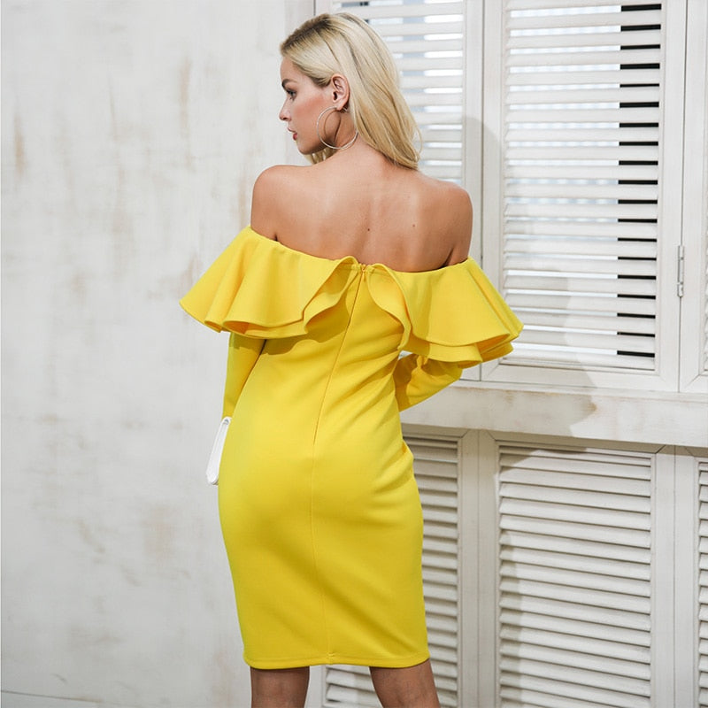 Elegant Backless Sexy Winter Ruffle Autumn Yellow Cold Shoulder Christmas Dress