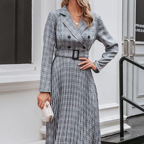 Load image into Gallery viewer, A-line V-neck Blazer Midi Elegant Long Sleeve Button Sash Blazer Pleated Office Dress
