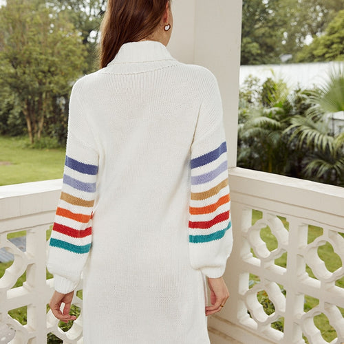 Load image into Gallery viewer, Turtleneck Rainbow Knitted Casual High Fashion Sweater Short Autumn Winter Sweater Dress
