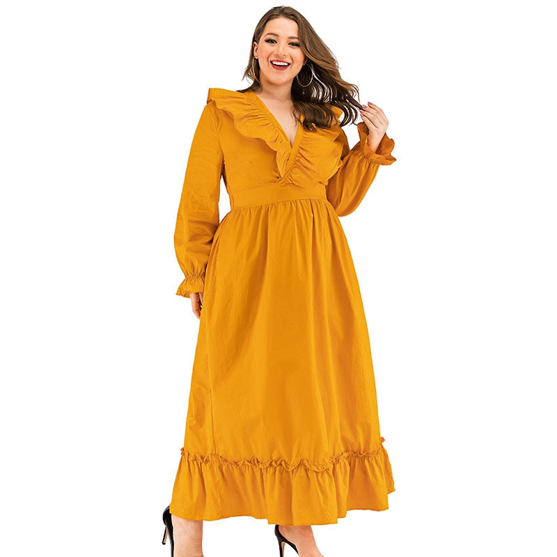 Plus Size Christmas Elegant Ruffled Cotton Solid Long Dress