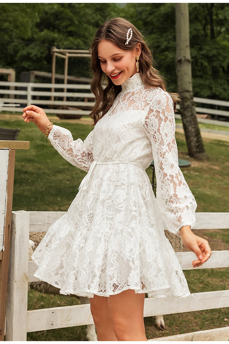 Solid White Lace Sexy V-neck Floral Summer Cotton White Midi Dress