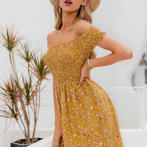 Load image into Gallery viewer, Elegant Off Shoulder Mini Boho Floral Print A-line Spring Summer Holiday Dress
