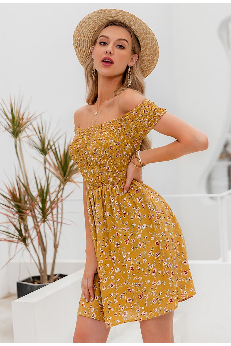 Elegant Off Shoulder Mini Boho Floral Print A-line Spring Summer Holiday Dress