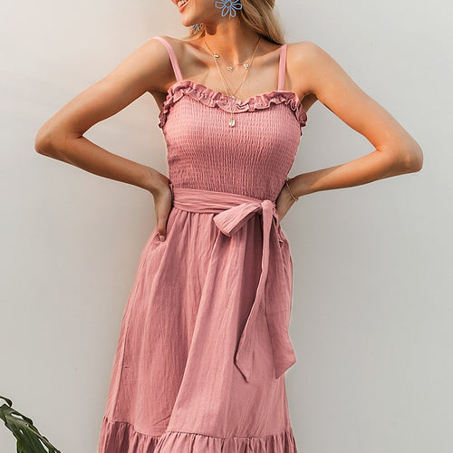 Load image into Gallery viewer, Sleeveless Ruffle Elegant Ruched Sashes Bow Cotton Summer Midi Sexy Solid Dress
