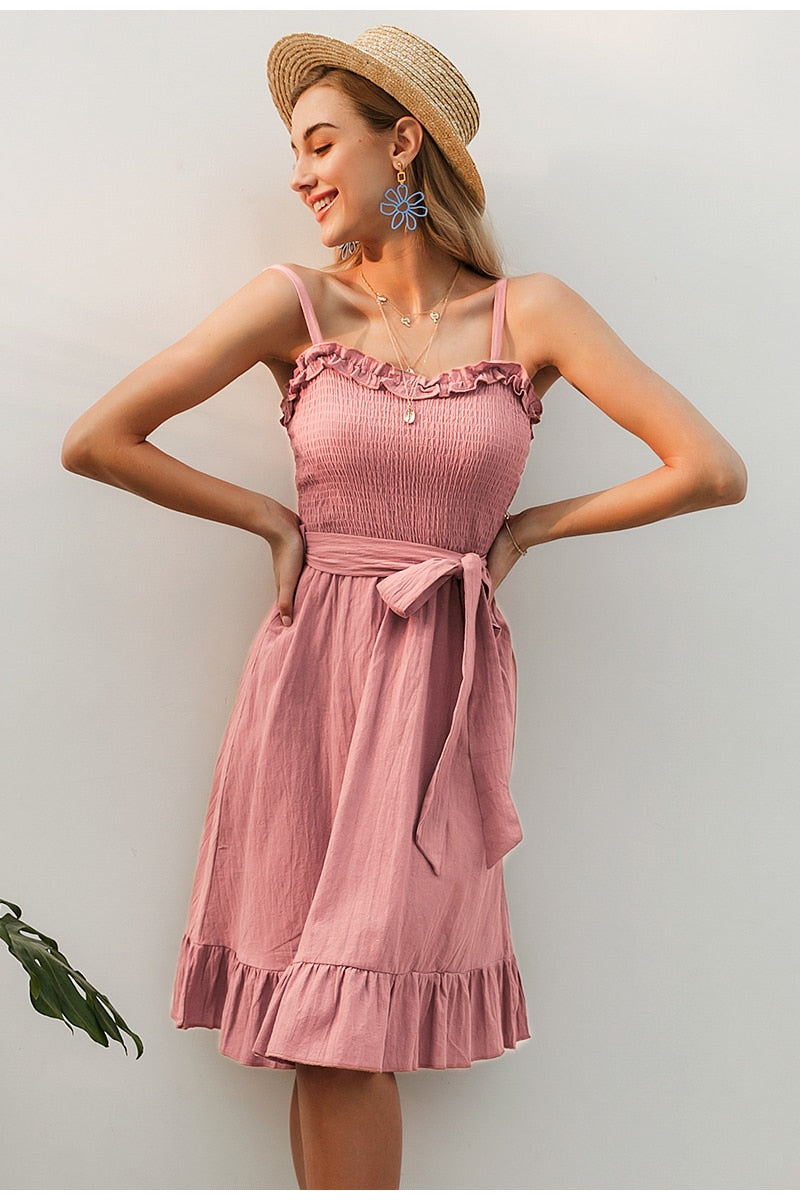 Sleeveless Ruffle Elegant Ruched Sashes Bow Cotton Summer Midi Sexy Solid Dress