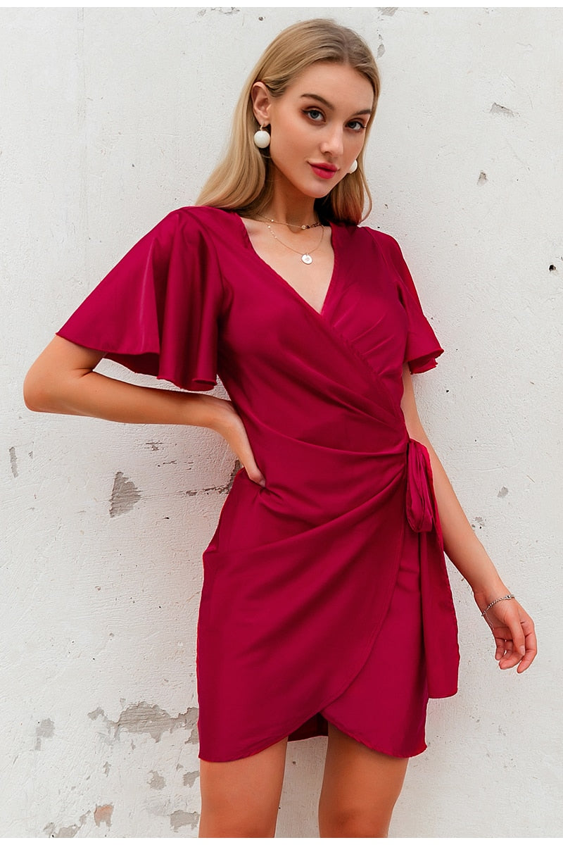 Sexy Red Party Streetwear Solid Ruffled Wrap Sash Mini V-neck Asymmetrical Chic Evening Summer Dress
