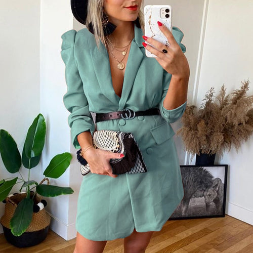 Load image into Gallery viewer, Straight Puff Sleeve Casual High Waist Belt Green Elegant Office Button Blazer Dress
