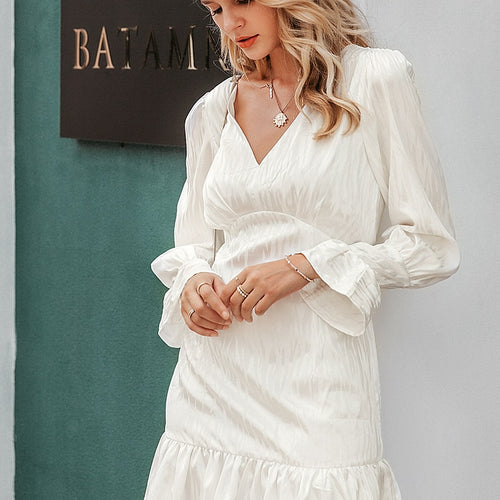 Load image into Gallery viewer, Elegant V-neck Ruffle Sleeve Zebra Stripe Party Club Slim White Dress
