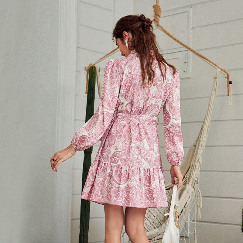 Casual Pink Print Long Sleeve Chiffon Autumn Holiday High Waist Ruffle Office Dress